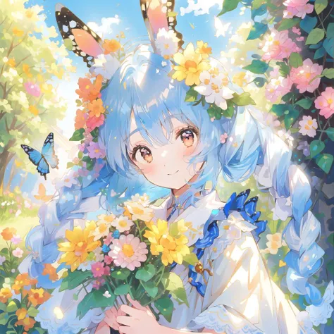 masterpiece, best quality, <lora:butterfly:0.6>, flowers, garden, 1girl, butterfly style, butterflies, <lora:Peko:0.4> , blue hair, rabbit ears,  light smile,