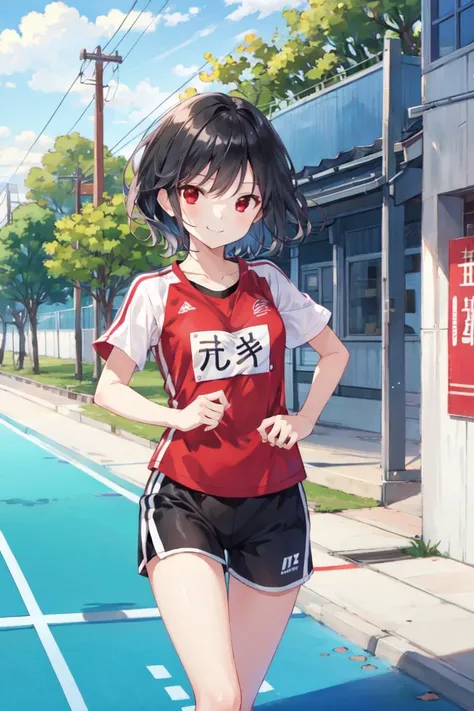 (masterpiece:1.2),best quality,perfect anatomy,extremely detailed,
BREAK
cute girl,shiny skin,light smile,solo,short hair,
lovely big eyes,cute eyes,(red eyes:1.4),(black hair:1.4),
BREAK
sport shirt,sport shorts,
BREAK
school,running track,
BREAK
looking ...