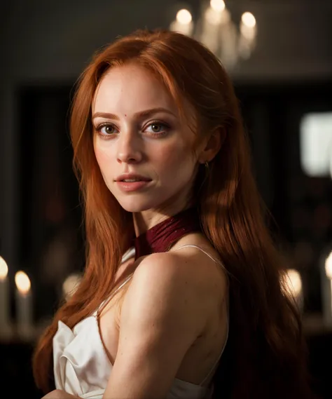 a close up of a woman with red hair wearing a white dress