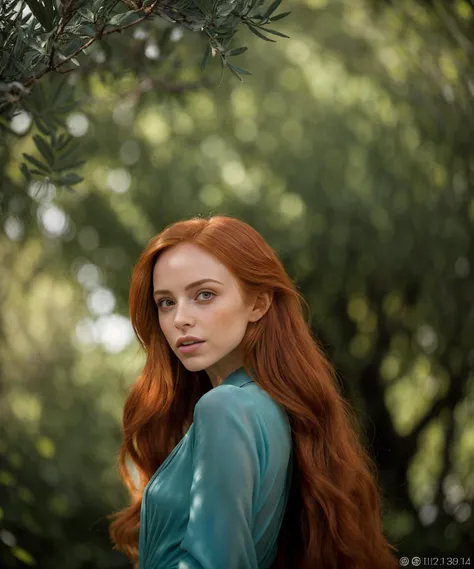 a close up of a woman with long red hair standing in a forest