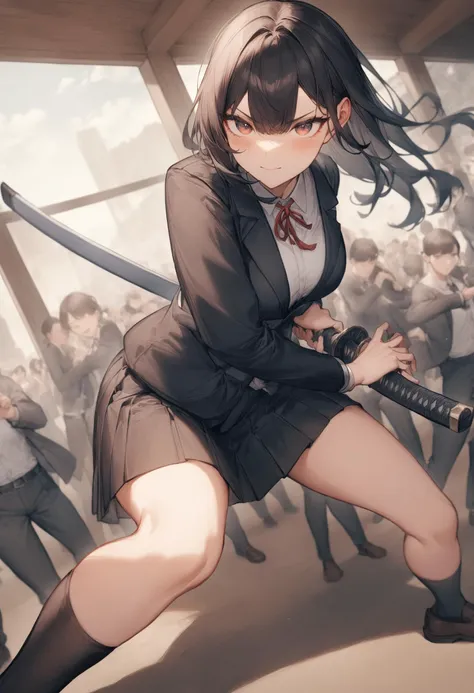 anime girl with a sword in a crowded room with people