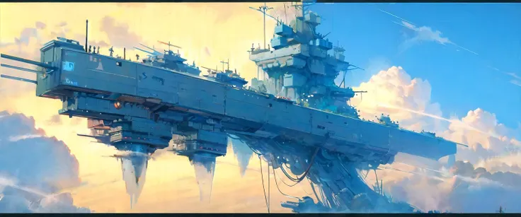 flying warship, no humans, letterboxed, spacecraft, cloud, sky, turret <lora:flying warship-noise:1>