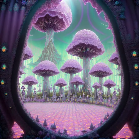 there are many purple mushrooms in a purple forest