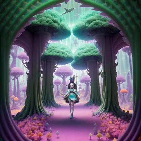 arafed image of a girl in a forest with trees and mushrooms