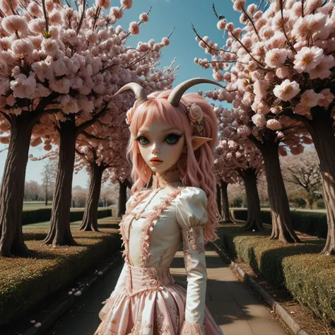 a close up of a person in a dress and horns near trees