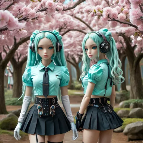 two women in short skirts and headphones are standing in a park