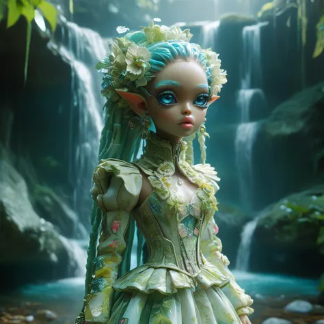 a close up of a doll with a waterfall in the background