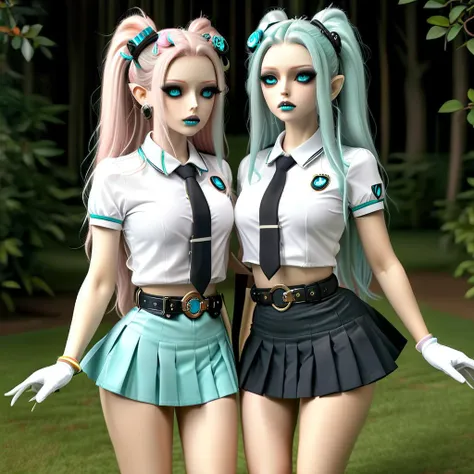 two women in school uniforms posing for a picture in a park