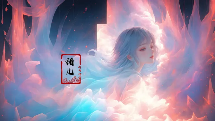 a woman with long hair and a white dress in a cloud