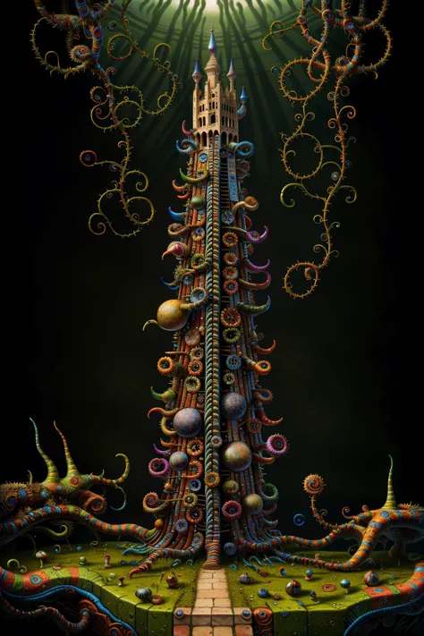 Masterpiece, best quality, hi res, 8k, hi res, 8k,  award winning , (sharp focus, intricate, highly detailed),    <lora:Dholbachie:1> dholbachie, vines wrapped around the tower of power <lora:add_detail:1> <lora:R2W_distance:1>