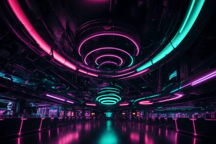 The interior space is filled with neon lights and fluorescent lamps,Interior decor often features metallic and glass materials,cool and futuristic appearance,Virtual reality technology may be incorporated within the interior space,The interior space featur...