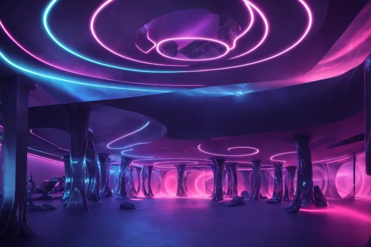 interior space,a circle room,filled with neon lights and fluorescent lamps,Holographic projection,Silver Robot,features metallic and glass materials,cool and futuristic appearance,Virtual reality technology,feature digital decorations,futuristic design ele...