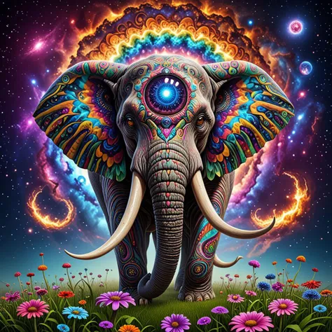 an elephant with a psychedelic eye standing in a field of flowers