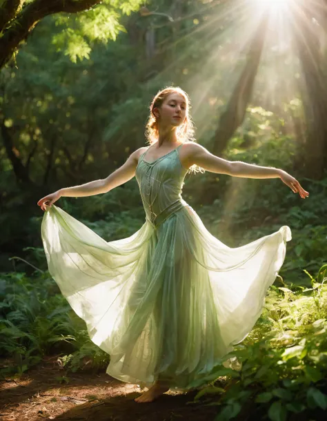 a woman in a green dress is walking through the woods