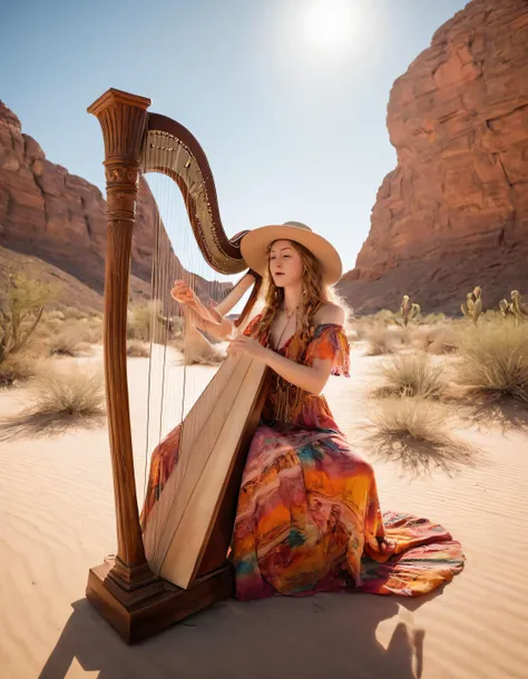 a woman in a hat playing a harp in the desert