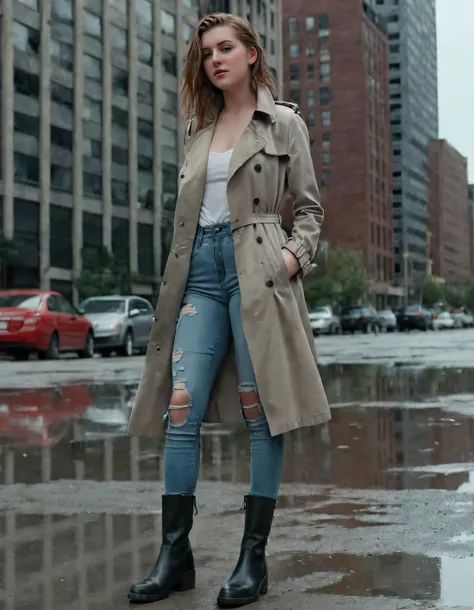 araffe woman in a trench coat and jeans standing in a puddle