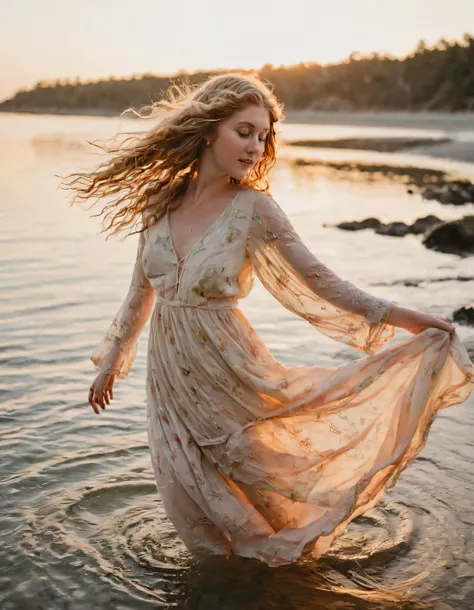 a woman in a dress is walking through the water