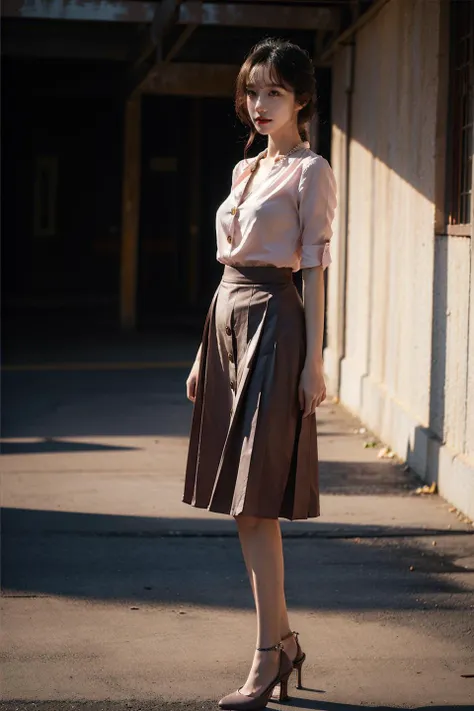 1girl, solo, skinny, pale skin, smooth skin, beauty, light makeup, medium breasts, dynamic pose, standing, 
button-up blouse, pleated midi skirt, low-heeled pumps, pearl jewelry,
(masterpiece:1.2), best quality, ultra high res, raw photo, perfect lighting,...