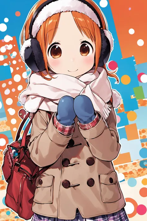 a girl in a coat and headphones is standing in front of a colorful background