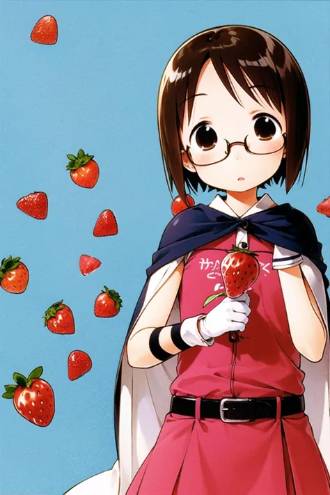 anime girl with glasses holding a strawberry in front of a blue sky