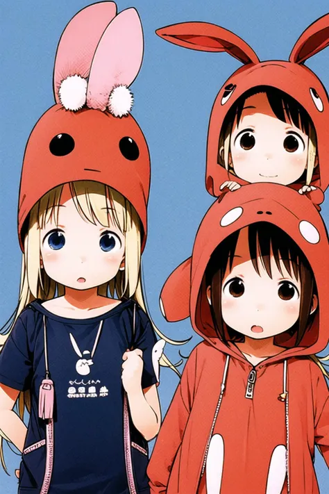 anime characters wearing bunny hats and jackets standing next to each other