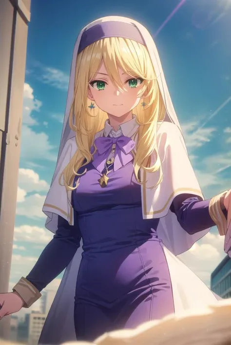 sharonholygrail, <lora:sharon holygrail s1-lora-nochekaiser:1>,
sharon holygrail, long hair, blonde hair, hair between eyes, (green eyes:1.3), smirk
BREAK bow, jewelry, earrings, bowtie, necklace, purple bow, nun, habit, purple bowtie, capelet, white capel...