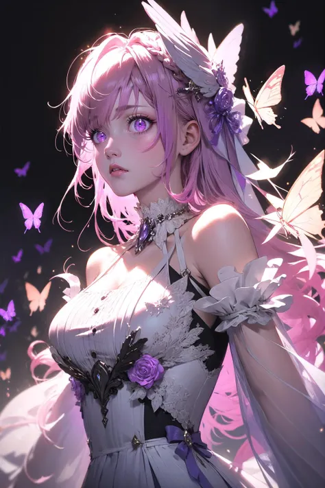 anime girl with purple hair and butterfly wings in a white dress