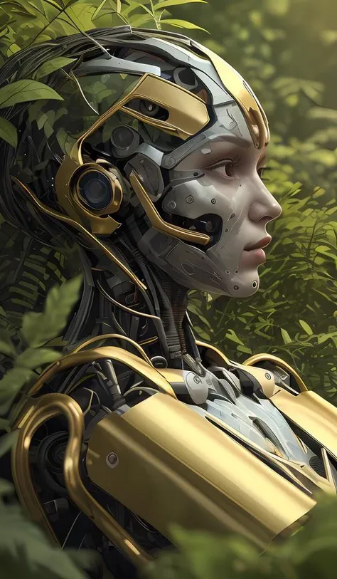 side view of a beautiful abandoned human - shaped robot laying on the ground, overgrown foliage taking over it, close - up, 3 5 mm, biopunk, bokeh, beautiful, lens flare, emotional, sweet, flowers, detailed, picture, trending on artstation, award - winning...