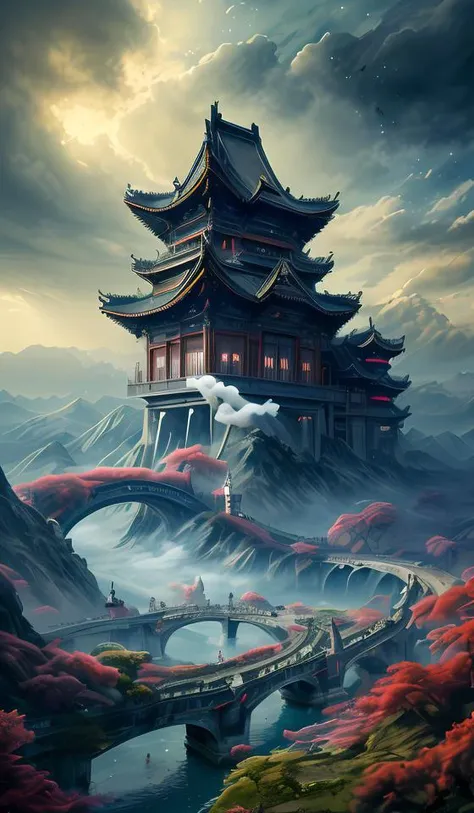 DUNGHUANG,DUNGHUANG BACKGROUND,on the sky,on the clouds,Fairyland, surrounded by clouds and smoke, oriental palace bridge, monster, abstract dream, space, intricate, grand scale, alone, cinematic film still, insane detail, sharp focus, depth of field, real...