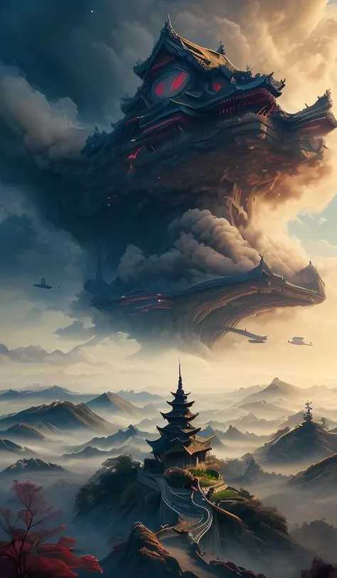 DUNGHUANG,DUNGHUANG BACKGROUND,on the sky,on the clouds,Fairyland, surrounded by clouds and smoke, oriental palace bridge, monster, abstract dream, space, intricate, grand scale, alone, cinematic film still, insane detail, sharp focus, depth of field, real...