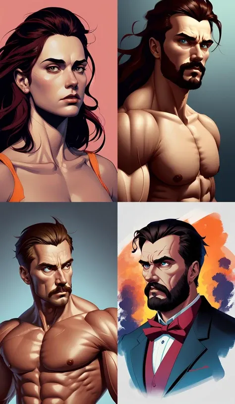 Muscular Friedrich Nietzsche with a chiseled Jawline and serious Look, in the Style of Artgerm and Charlie Bowater and Atey Ghailan and Mike Mignola, vibrant colors and hard shadows and strong rim light, Comic Cover Art, plain background, trending on artst...