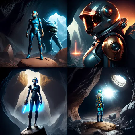 sexy blond Samus Aran from Metroid wearing blue suit with high platforms standing on a floor of a cave near ((grey humanoid monster)) hiding behind a rock and looking at her,
interior of alien cave in Hans Ruedi Giger style,
beautiful face,perfect face,
si...