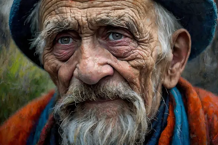 an old man with a beard and a hat looks at the camera