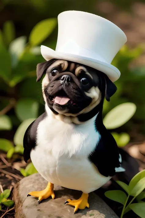 closeup of a duck wearing a top hat, macro photography, overgrown pug, high resolution photo, trending on artstation