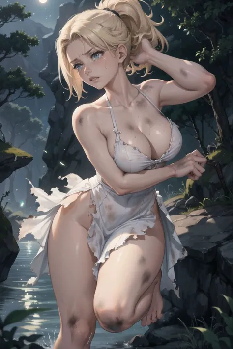 (masterpiece:1.2), (best quality,:1.2), mature girl, closeup shot, 1girl, blonde hair, short hair, high ponytail, large breasts, torn white elegant dress, barefoot, trying to run away from danger, scared facial expression, tears
 <lora:dirty_v0.1:1>, dirty...