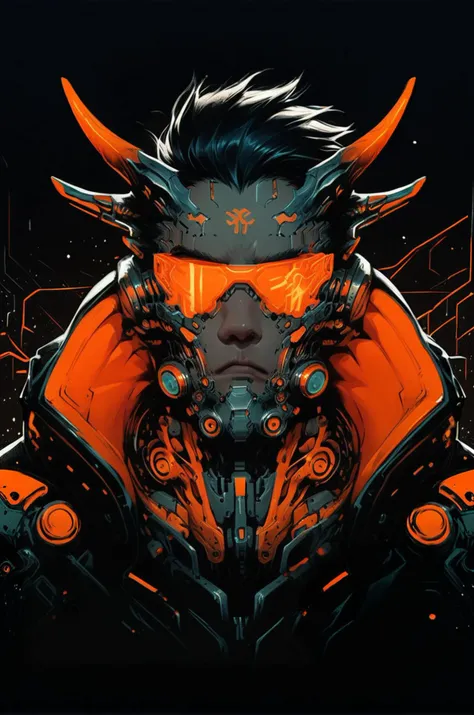 biomechanical style <lora:Neon_Splash_Art_for_Pony:0.9> one male man,serious face, bob, horns, broad shoulders, selective gold color, cyberpunk, looking at viewer, heavy tones, detail, dark background, dramatic, front view <lora:OverallDetail:1> <lora:Sino...