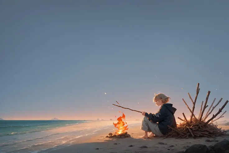 araffes sitting on a beach with a fire and a stick