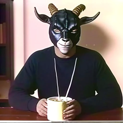 arafed man in a goat mask holding a cup of coffee