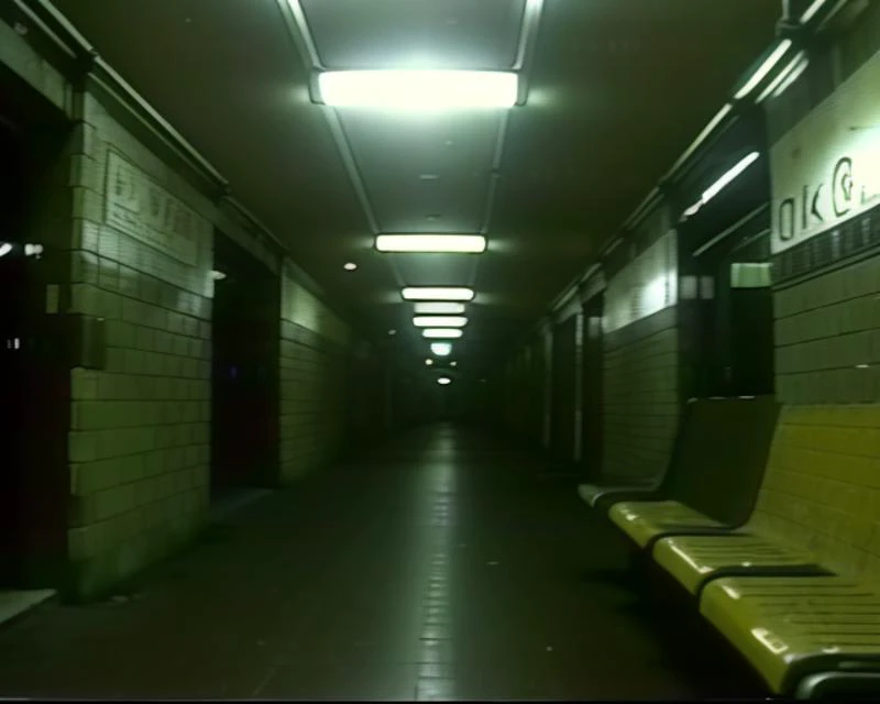 there is a long hallway with benches and a sign on the wall