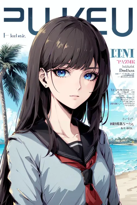 ((best quality)), ((highly detailed)), masterpiece, detailed face, beautiful face, (detailed eyes, deep eyes), (1girl), upper body, schoolgirl, (at a beach, palm trees), <lora:Defaults17Style v3:.7>, Defaults17Style, English text:1.3, magazine cover