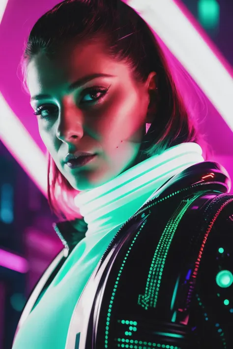 a woman in a black jacket and neon lights