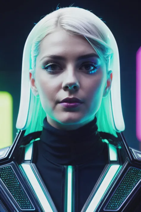 a woman with white hair and neon lights in a black suit