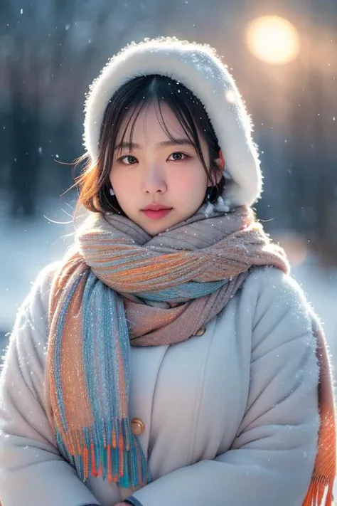 a woman wearing a white coat and a scarf standing in the snow