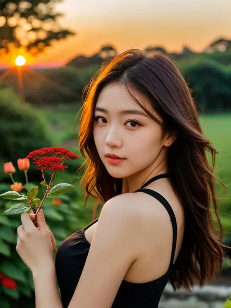 a woman in a black dress holding a flower in her hand