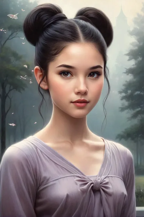 by Tom Bagshaw, by Terry Redlin, by Duy Huynh, by Steve Henderson, cute 18 year old girl, braless <lora:braless:1.00>, pastel drawing <lora:pastel_drawing:1.00>, brunette_ponytail