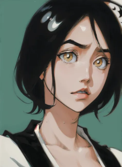 anime girl with black hair and white shirt and black vest