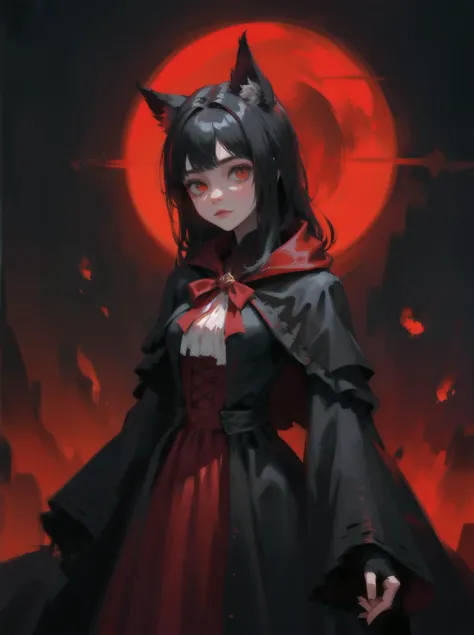 a woman in a red dress with horns and a black cape