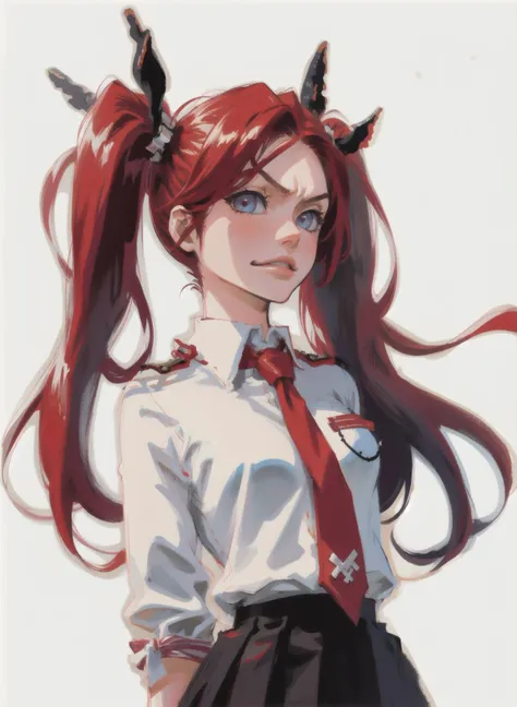 anime girl with red hair and horns in a white shirt