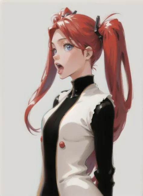 anime girl with red hair and a black and white top