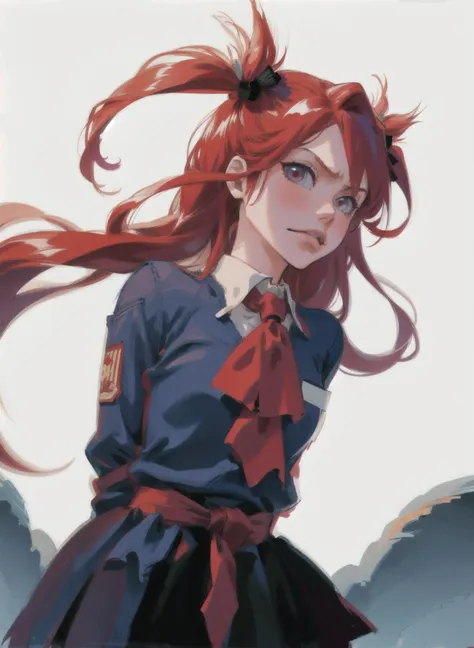 anime girl with red hair and blue shirt and red tie